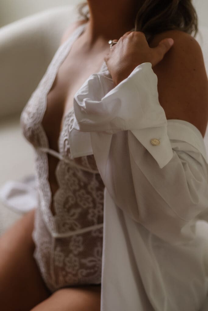 white lingerie and white button down for a knoxville boudoir anniversary session at the lightfoot by knoxville boudoir photographer rosewood boudoir